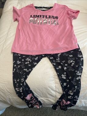 Marika Black Floral Leggings with Pink Ankle Crisscross